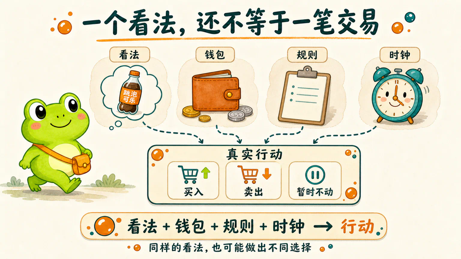 参与者带着看法、钱包、规则和时钟来到市场,四者共同影响最终行动。