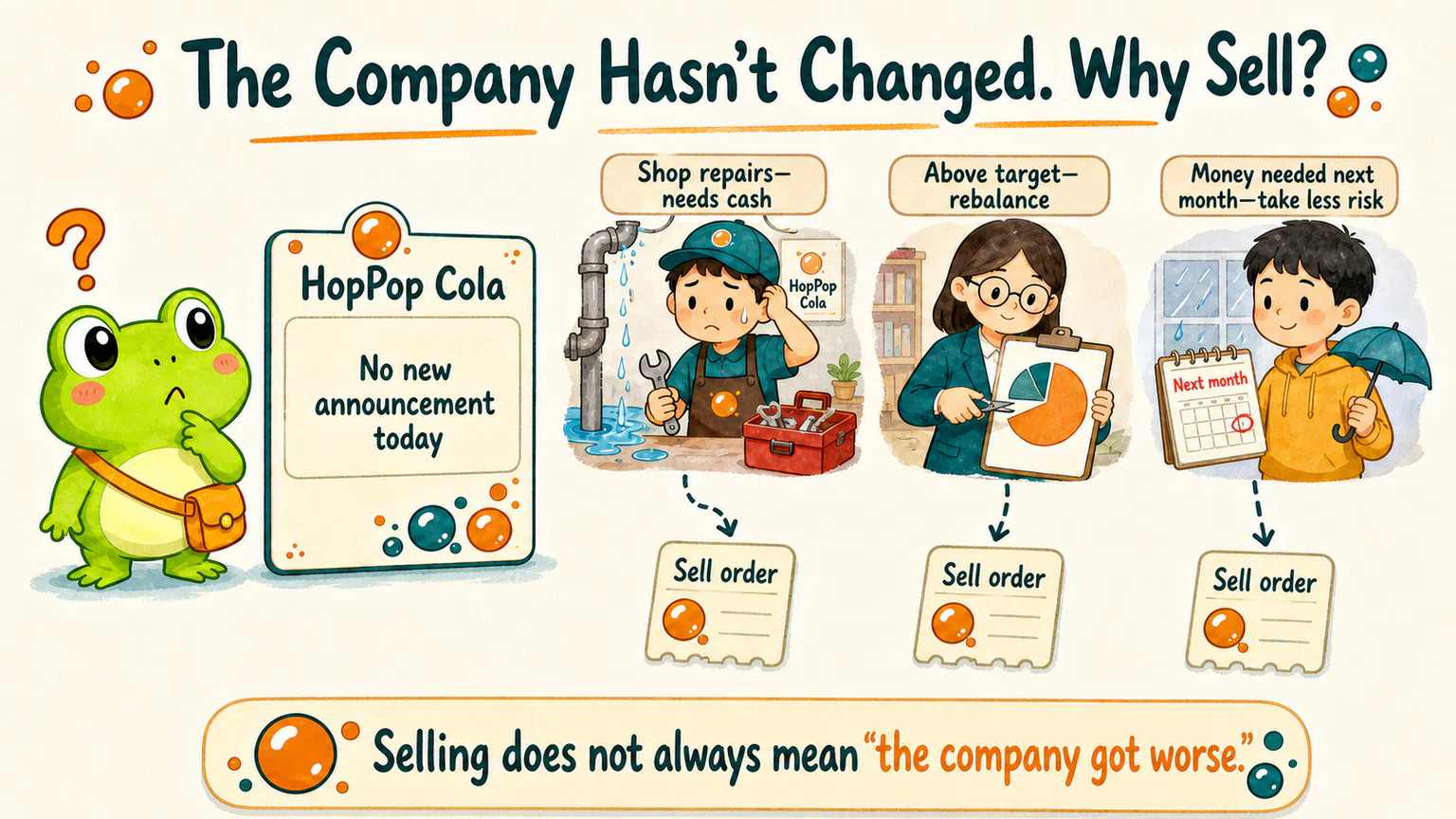 HopPop Cola has no new announcement, yet three participants sell for shop repairs, portfolio rebalancing, and lower short-term risk.
