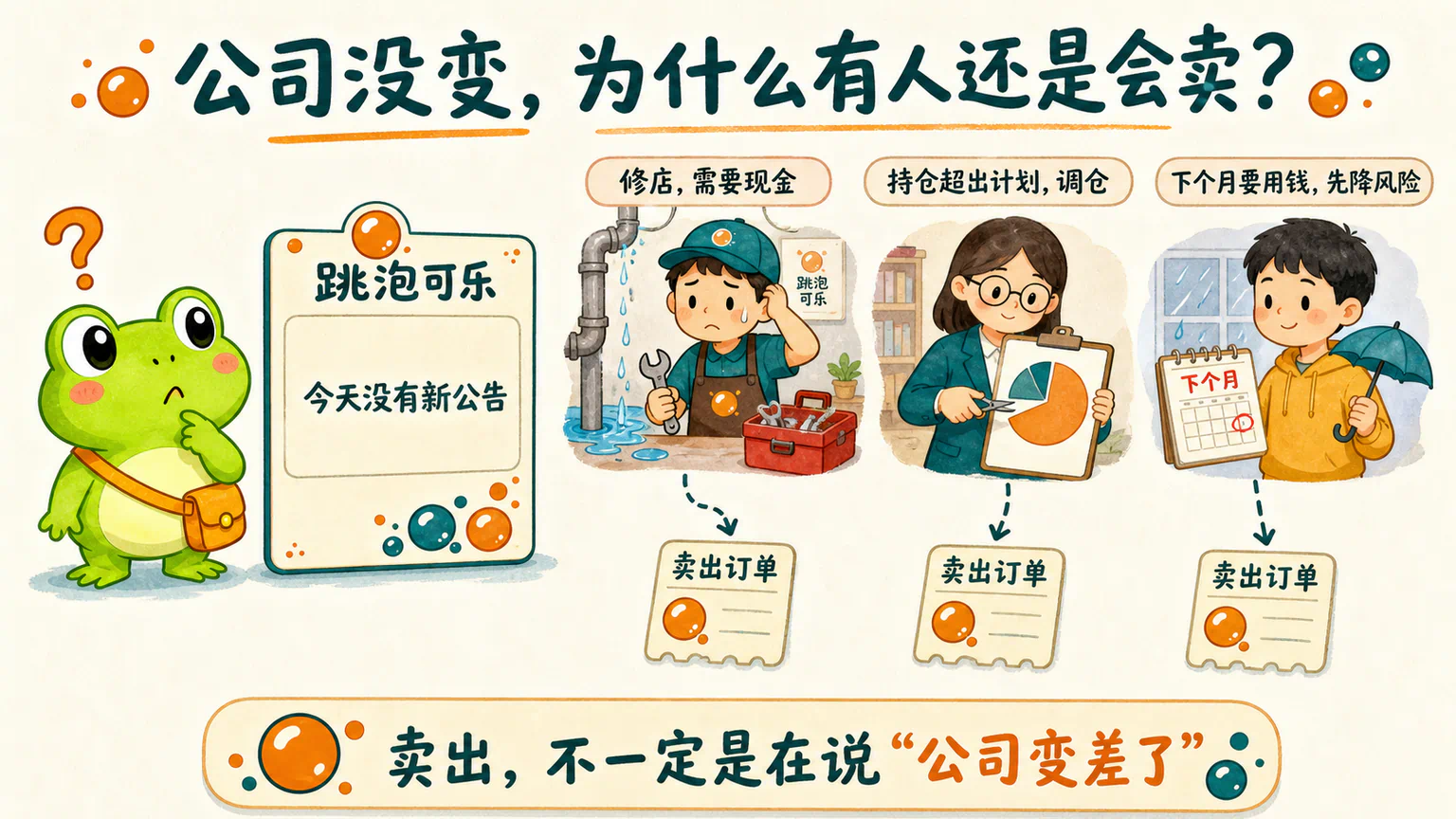 跳泡可乐没有新消息,三位参与者却分别因为修店用钱、组合调仓和降低短期风险而卖出。