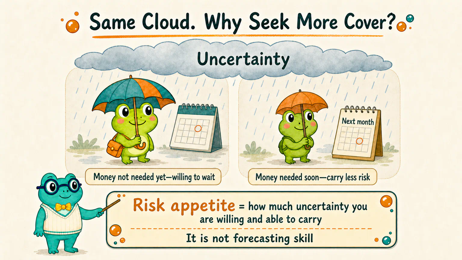 Under the same cloud of uncertainty, participants choose different umbrellas because their cash needs and ability to carry risk differ.