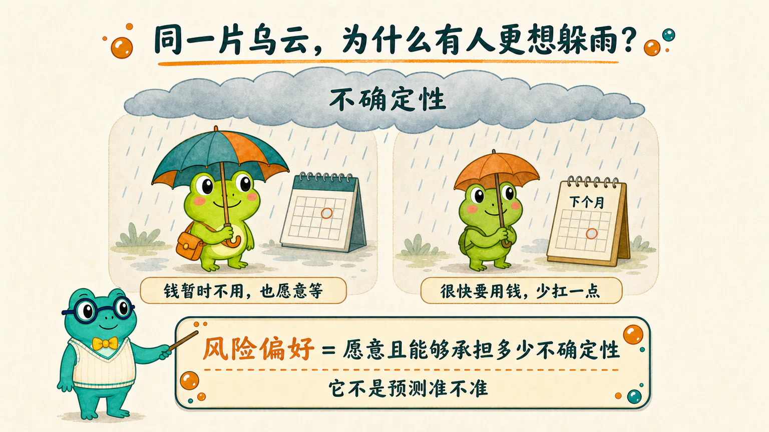 面对同一片代表不确定性的乌云,不同参与者因为资金需要和承受能力选择不同大小的雨伞。