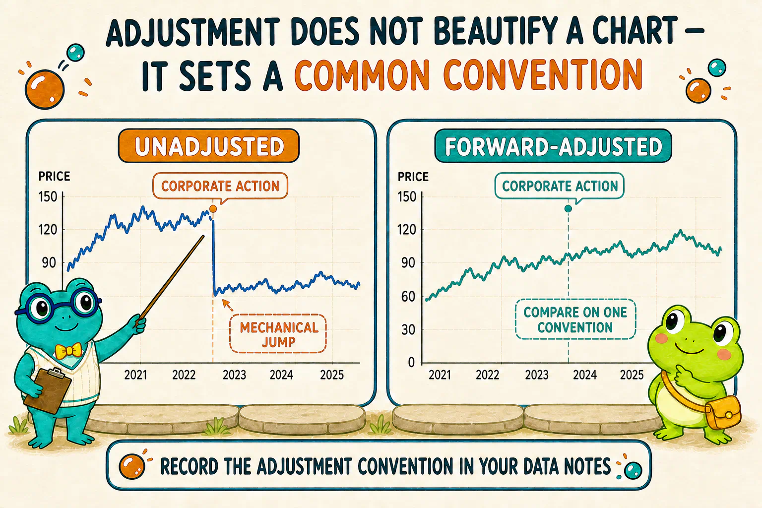 An unadjusted series may show a mechanical jump around a corporate action. Adjustment requires a clear and recorded convention.