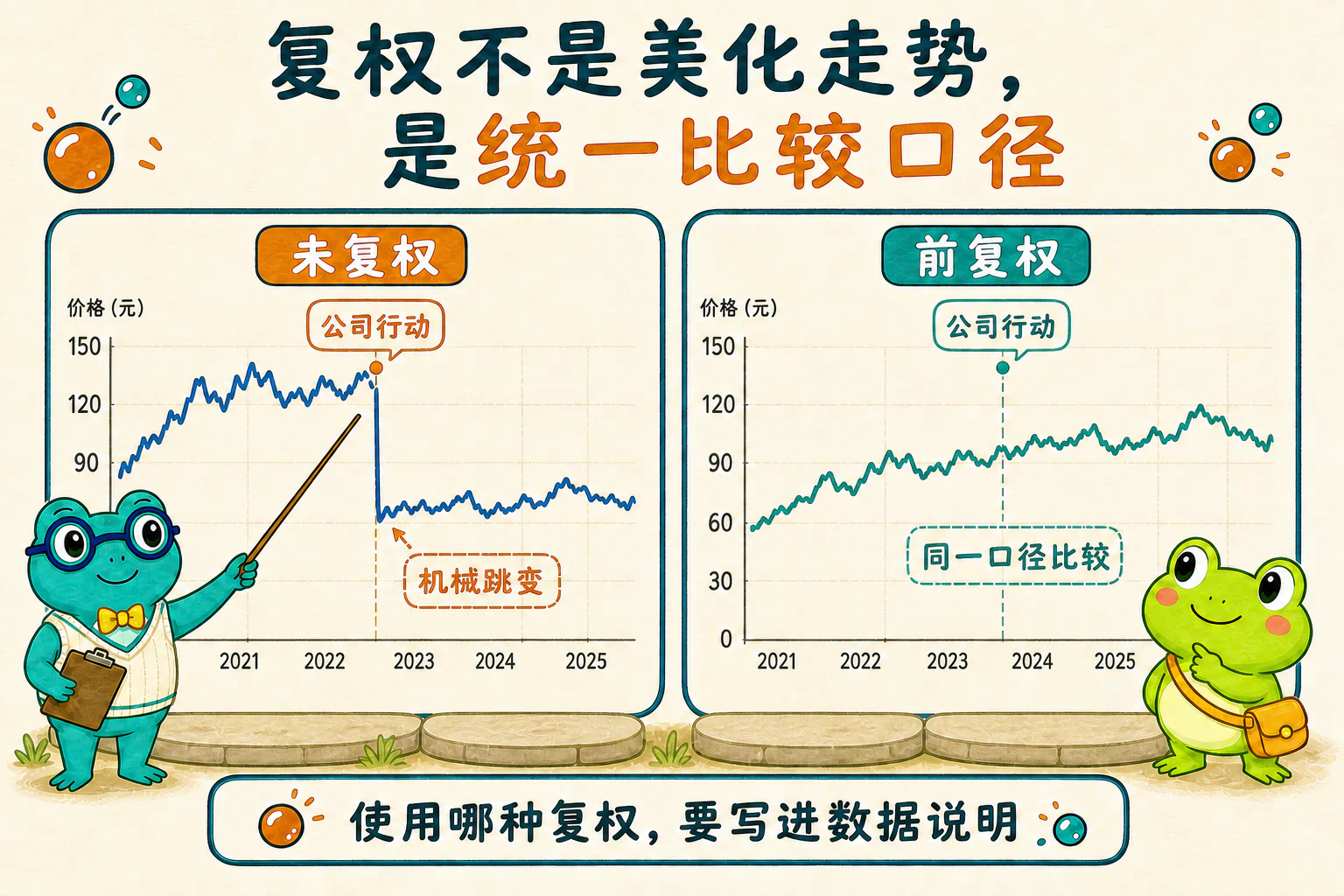 未复权价格可能在公司行动处产生机械跳变,复权需要采用并记录明确口径。