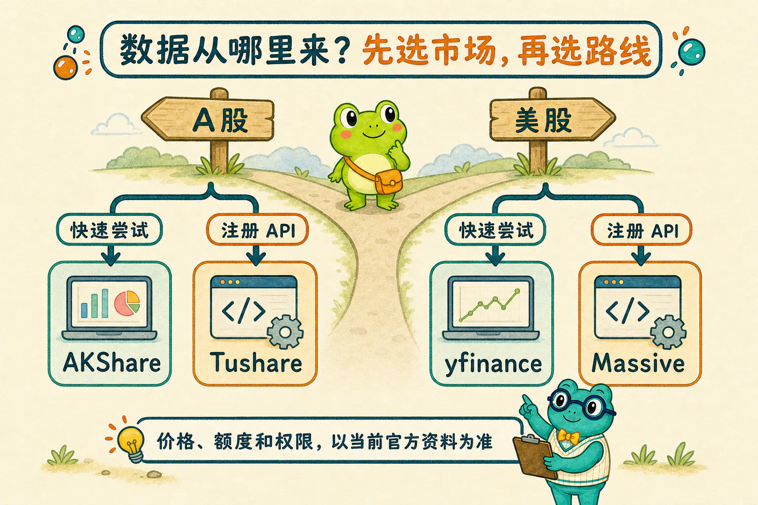 A 股和美股都可以从快速尝试路线或需要注册的正式 API 路线开始寻找数据。