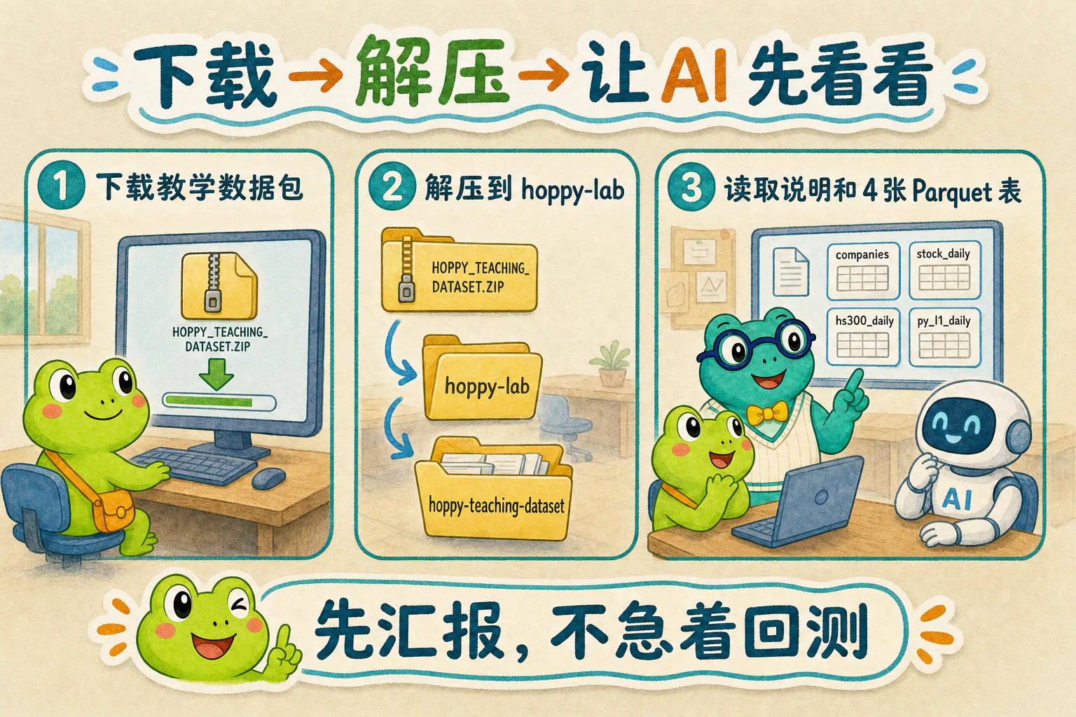 教学数据包下载并解压到实验室后,由 AI 读取说明和四张 Parquet 表。