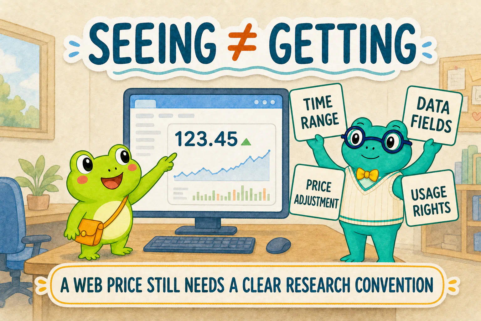 Hoppy points to a price on a website while Dr. Hop reminds him that research data also needs a time range, fields, an adjustment convention, and permission to use it.