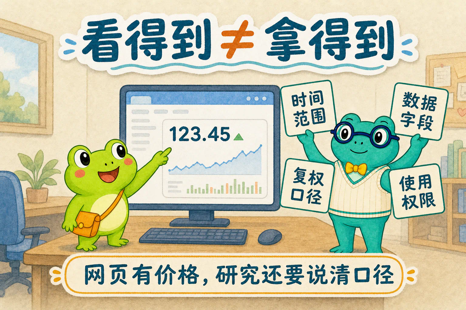 蛙兄指着网页上的一个价格,蛙博士提醒他,量化数据还要说明时间、字段、复权与使用权限。