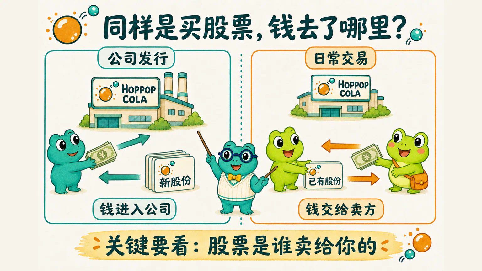 同样是买入跳泡可乐股票,公司发行新股份和投资者转让已有股份时,钱会走向不同地方。