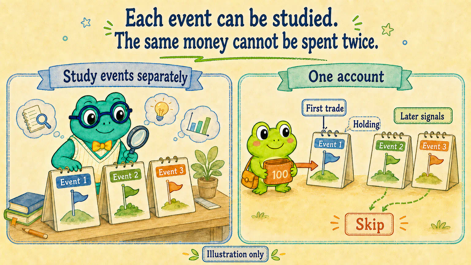 An event study examines overlapping opportunities separately. A single account cannot reuse money that is already committed to its first trade.