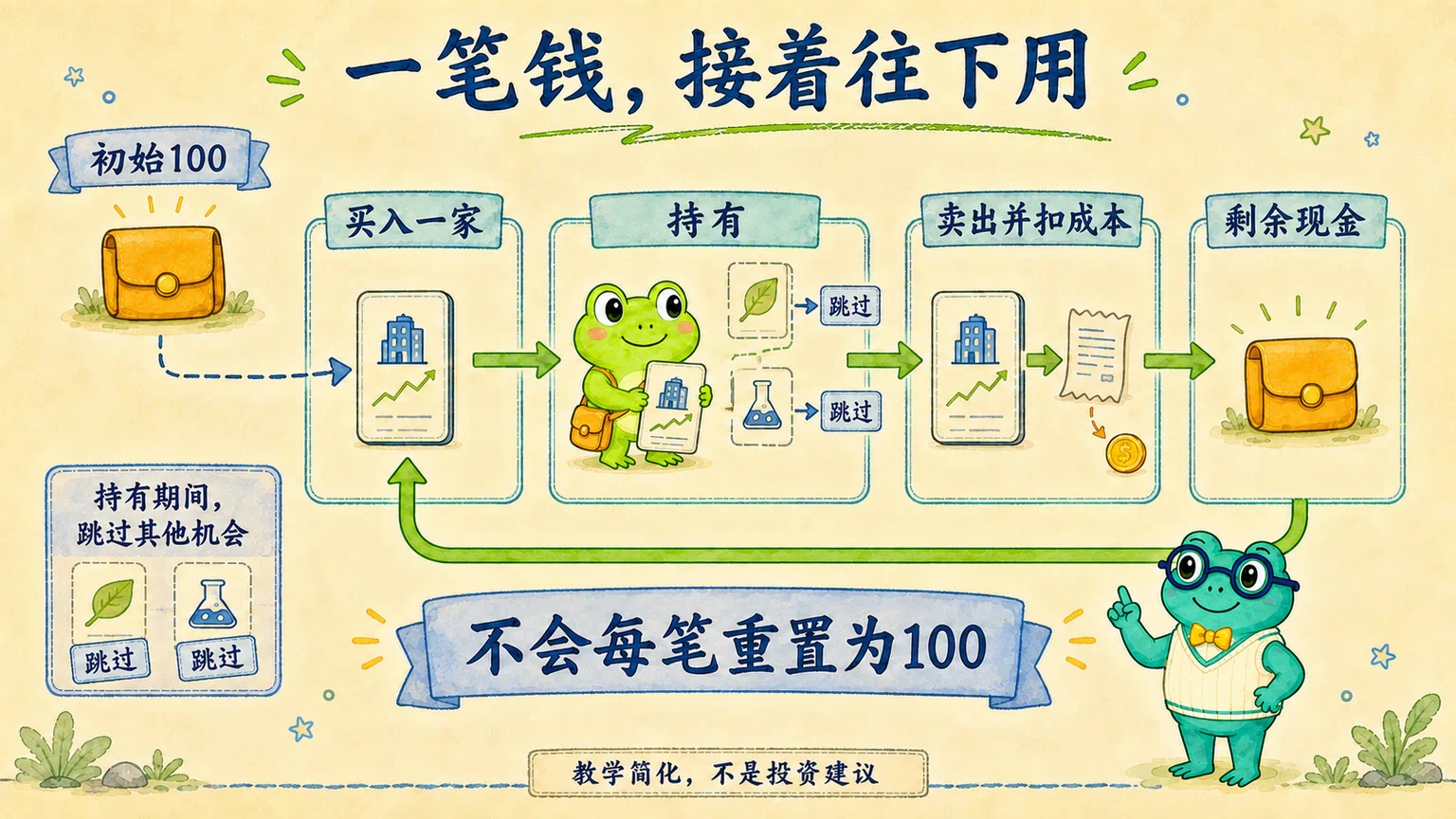 同一笔资金从现金到买入、持有、卖出扣成本,再用剩余现金继续;不会在每笔交易前重置为100。